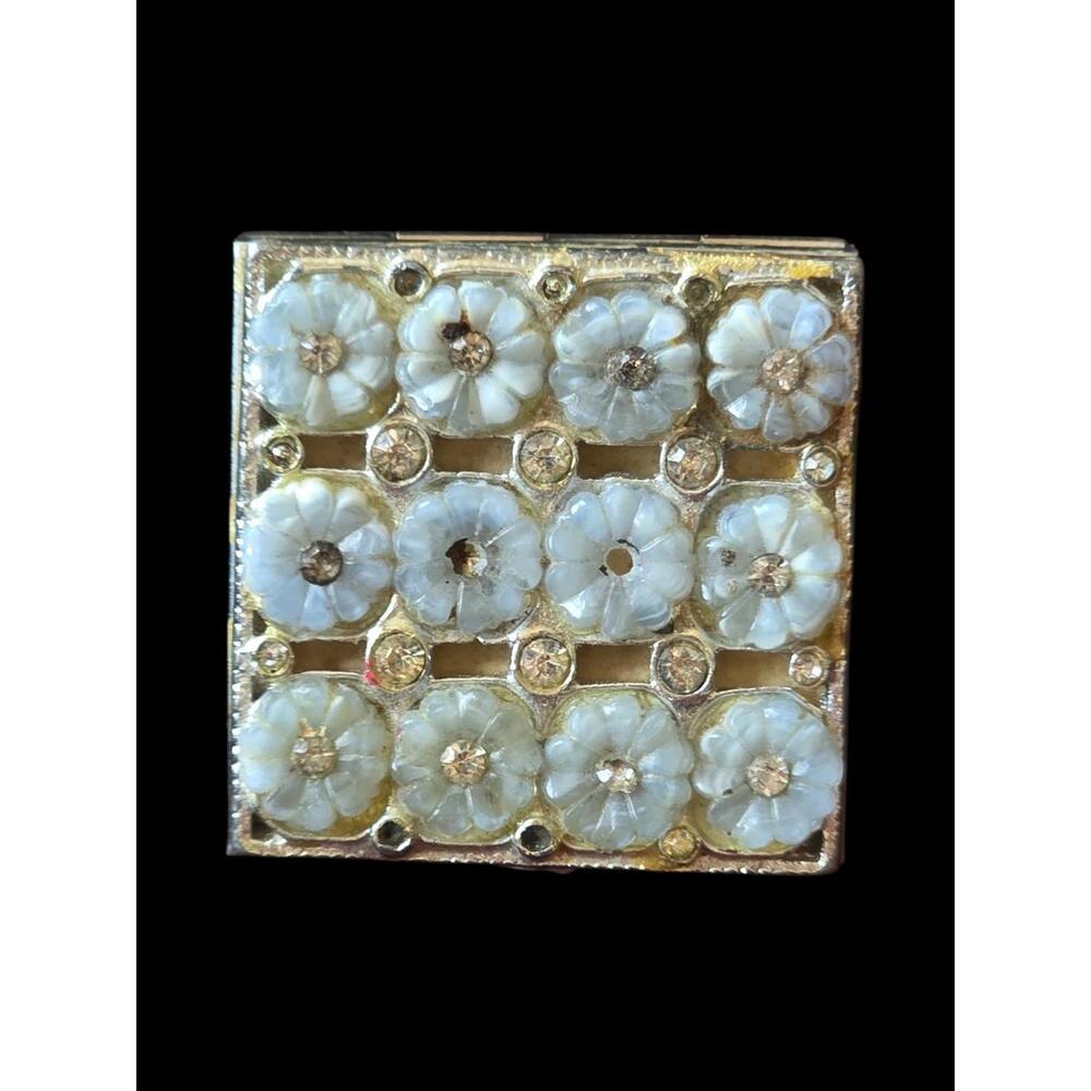 Vintage 1950s Silver Tone Floral Pill Box | Carved Lucite Flowers & Rhinestones